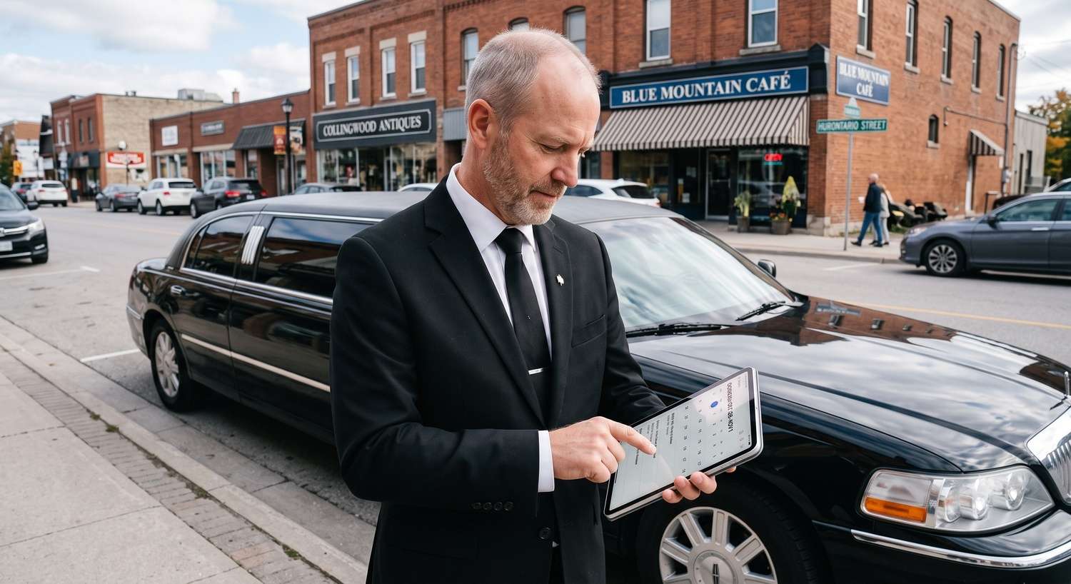 Chauffeur checking the booking calendar beside a black limousine in Collingwood